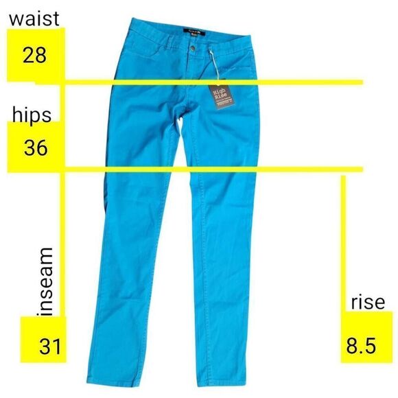Jeans NEW! Forever 21 Turquoise Colored Denim High Rise Lightweight Straight NEW - Picture 3 of 11